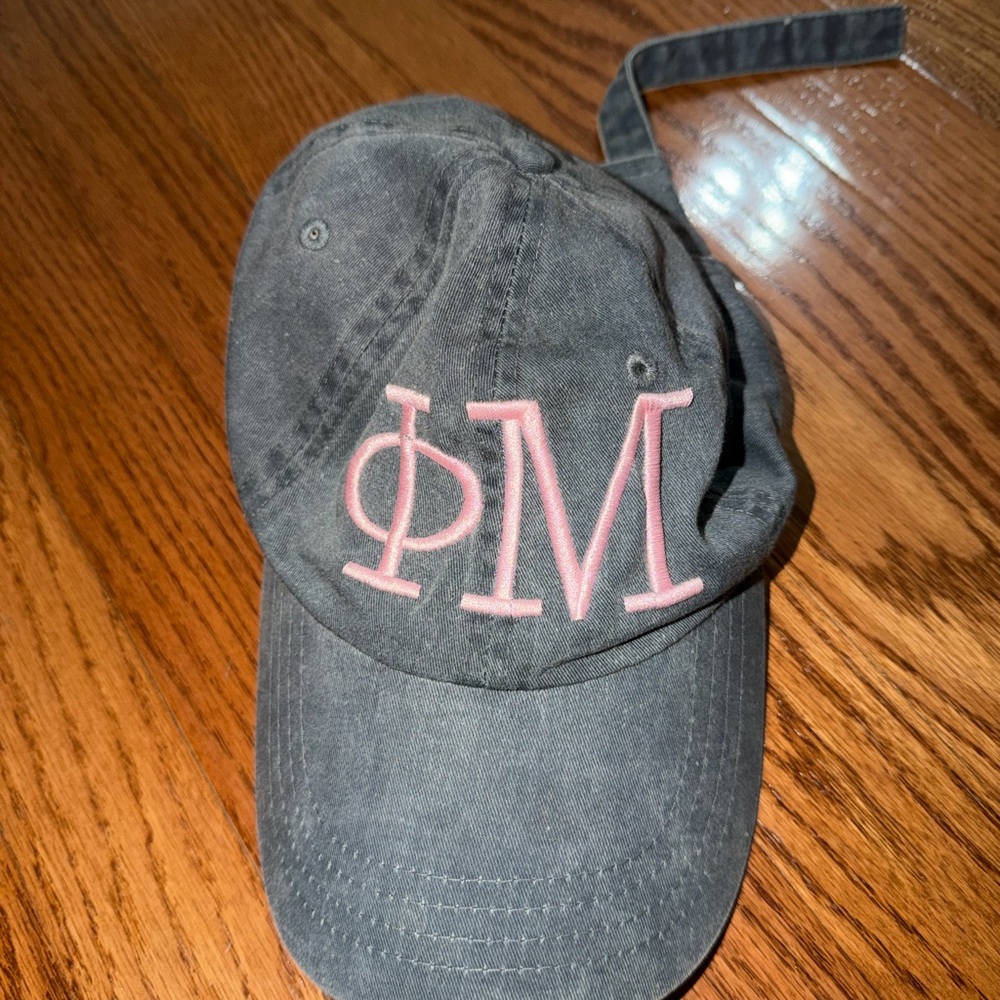 Embroidered Greek Letter Phi Mu Baseball Cap in Black with Pink Thread